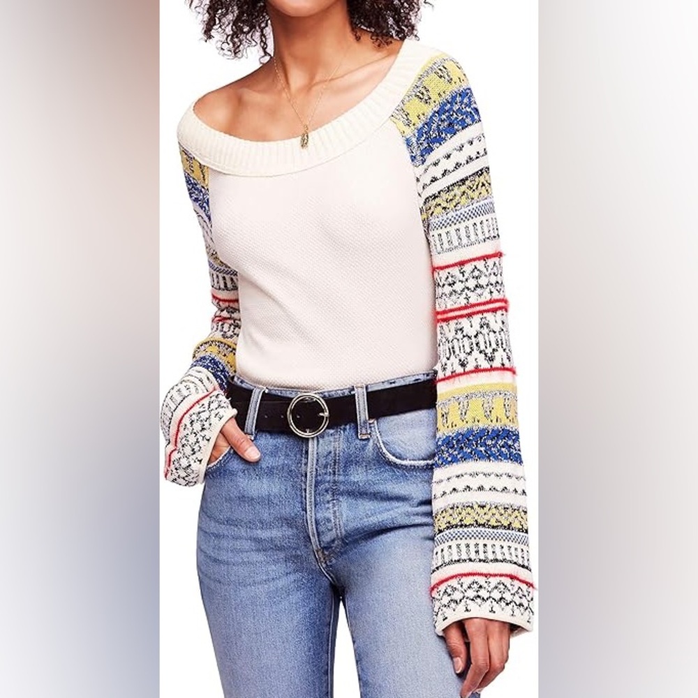 Free People Fairground Thermal Off Shoulder Bell Sleeve Top SIZE XS